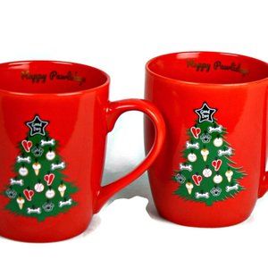 2 Coffee Tea Mugs Cups Red Christmas Tree Pet Lover Happy Pawlidays